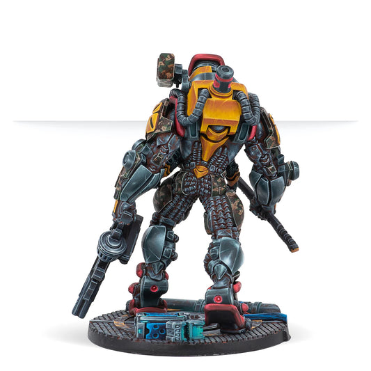 A rear view of the painted Triphammer TAG miniature, showing the detail on its back-mounted systems and power plant.