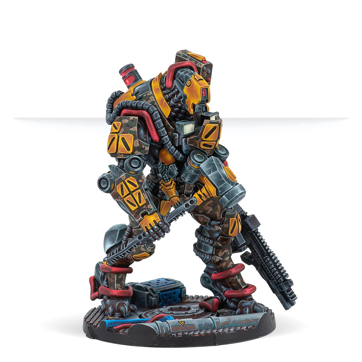 A side view of the painted Triphammer TAG miniature, showcasing its rugged industrial design and weaponry.