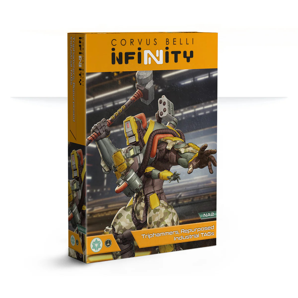 The box for the Infinity NA2 Triphammers, Repurposed Industrial TAGs, featuring artwork of the yellow mech wielding a large hammer.