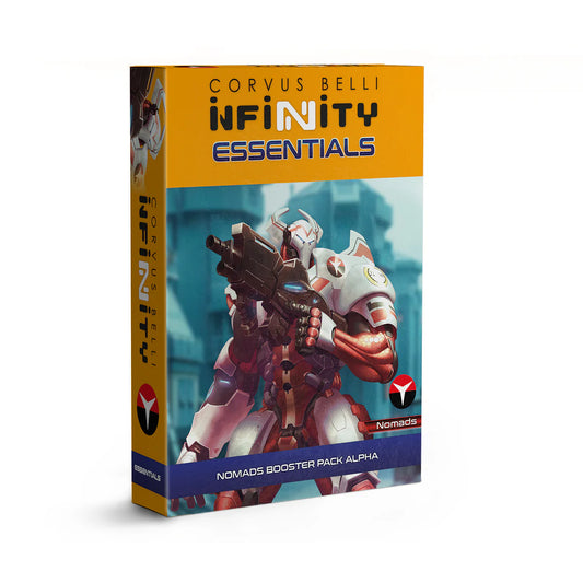 A painted Infinity miniature of a Nomad Taskmaster in white heavy armour, armed with a Heavy Machine Gun and an energy blade.