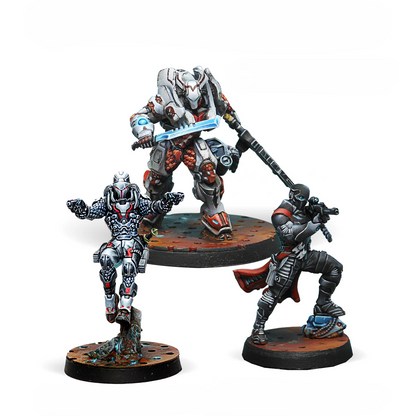 A group shot of the three painted metal miniatures from the Infinity Nomads Booster Pack Alpha: Taskmaster, Perseus, and a Grenzer.