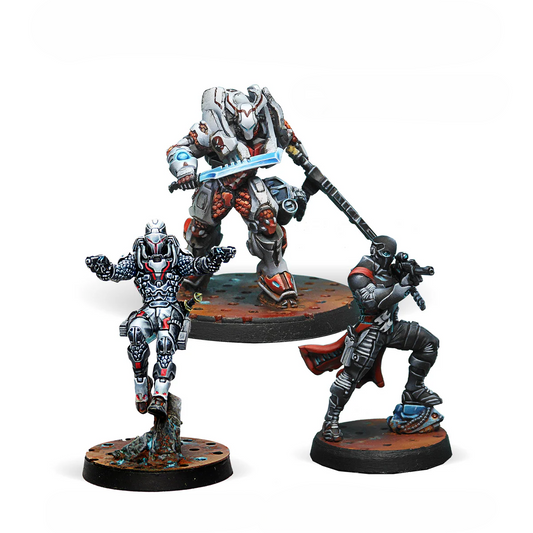 A group shot of the three painted metal miniatures from the Infinity Nomads Booster Pack Alpha: Taskmaster, Perseus, and a Grenzer.