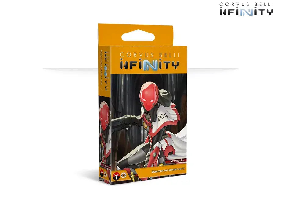 The box for the Infinity Nomads Daemonist Observant, showing the sleek white and red armoured warrior with a featureless red helmet.