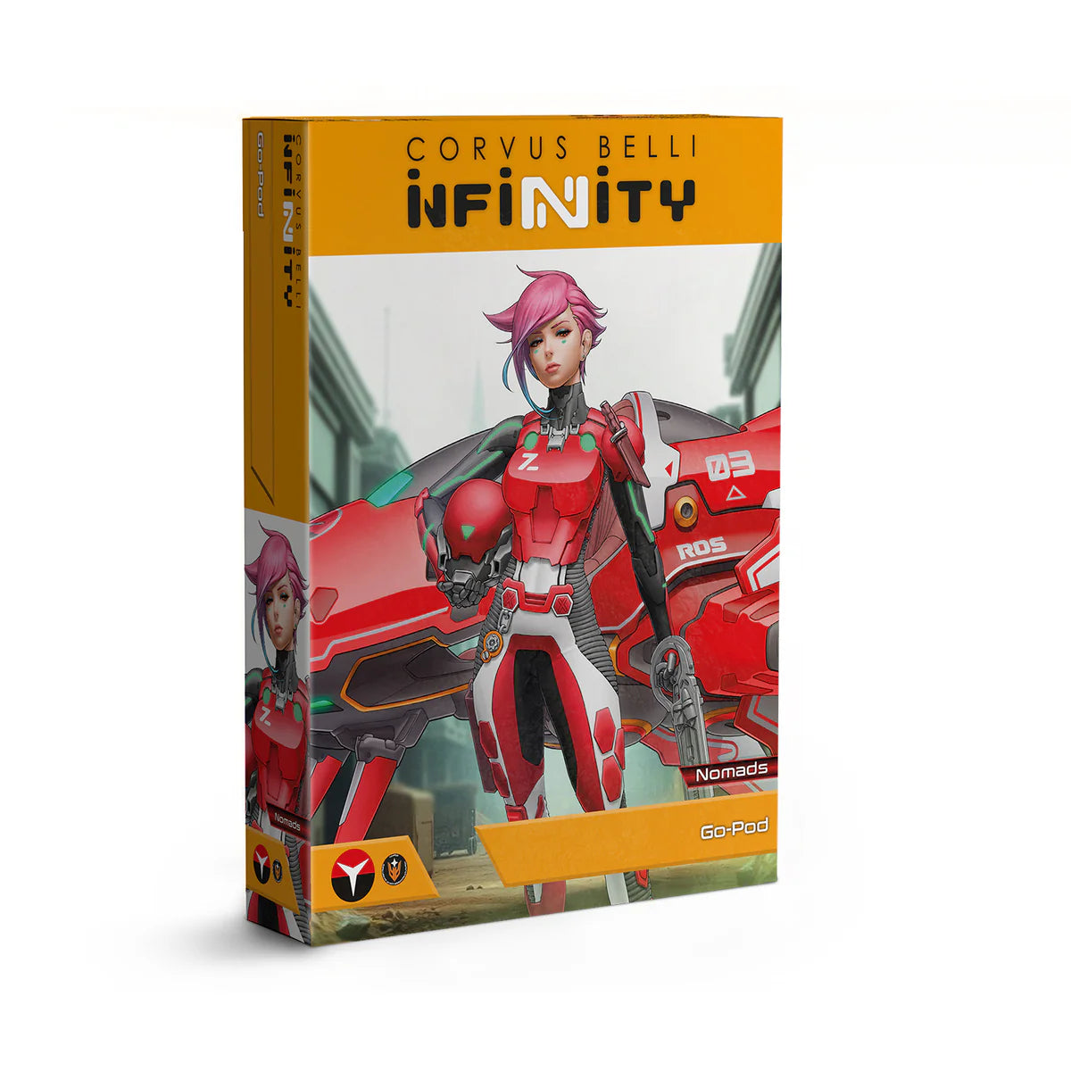 The box for the Infinity Nomads Go-Pod, featuring artwork of a female Nomad pilot with pink hair in a red and white flight suit.