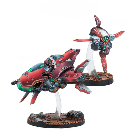 Two painted Infinity miniatures from the Nomads Go-Pod set: the red Go-Pod aircraft and its accompanying Go-Bot aerial remote.