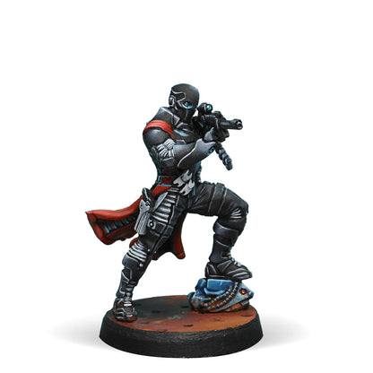A painted Infinity miniature of a Nomad Grenzer in black tactical gear, aiming a MULTI Sniper Rifle.