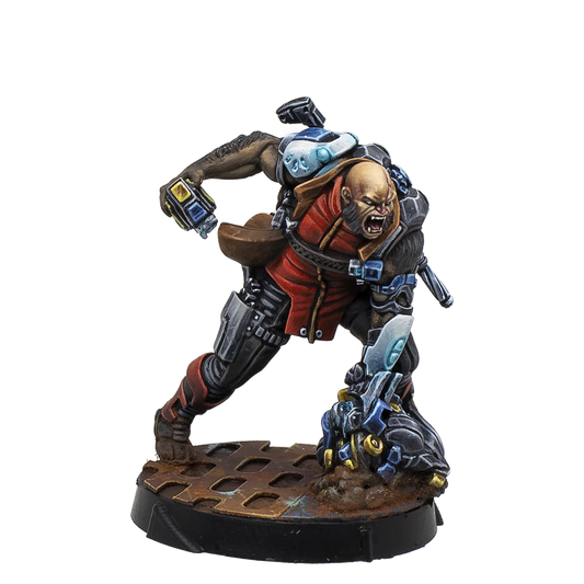 A painted Infinity miniature of Wolfgang Amadeus Wolff, a Nomad Wulver hero with a cyberclaw.