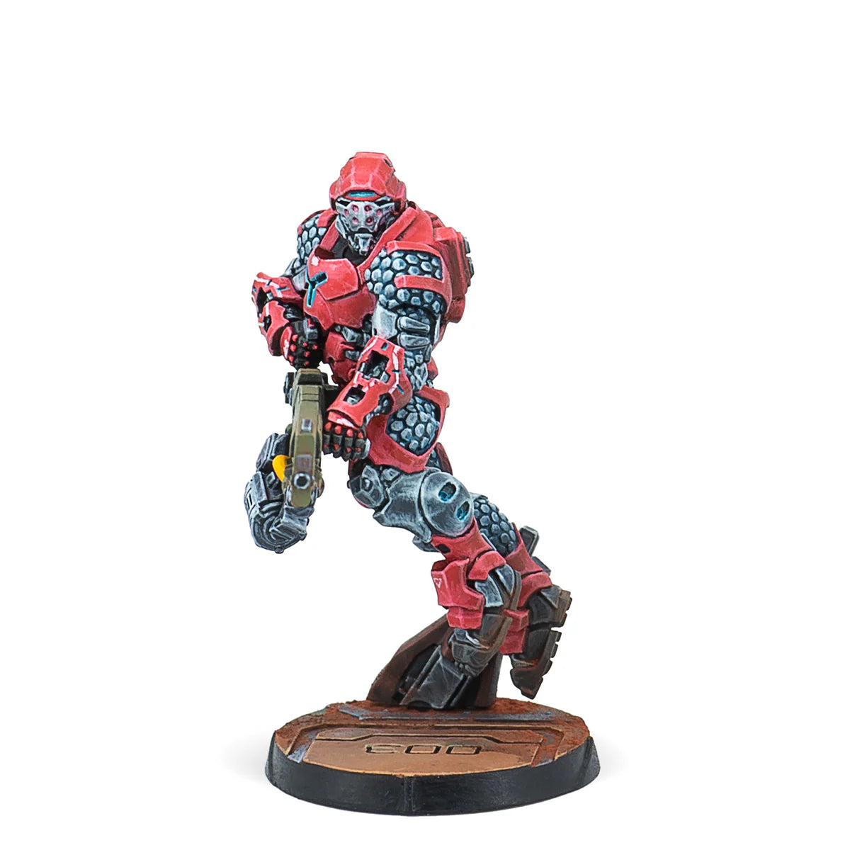 A painted Infinity miniature of the Iguana Operator, a Nomad pilot in red flight armour.