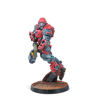 A painted Infinity miniature of the Iguana Operator, a Nomad pilot in red flight armour.