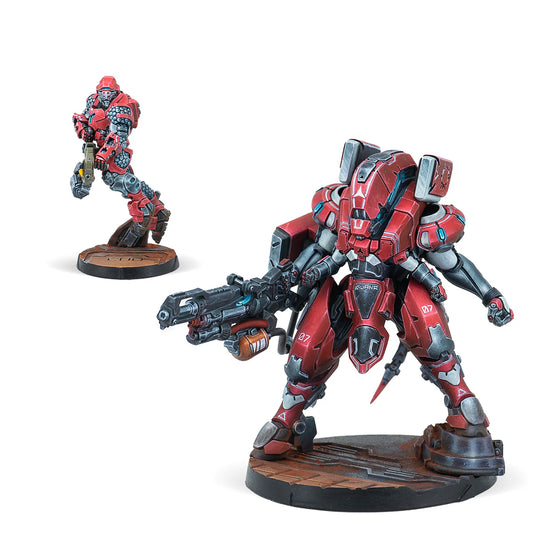 A group shot of the painted miniatures from the Infinity Nomads Iguana Squadron set: the Iguana TAG and its ejected Operator.