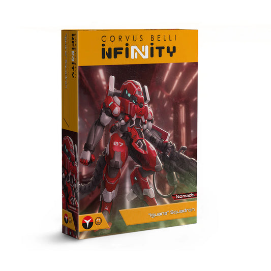 The box for the Infinity Nomads Iguana Squadron, featuring artwork of the red and white TAG in a futuristic hangar.