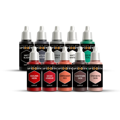 The 10 acrylic paint bottles included in the Infinity Nomads Paint Set, showing colours like Bakunin Neon and Corregidor Red.