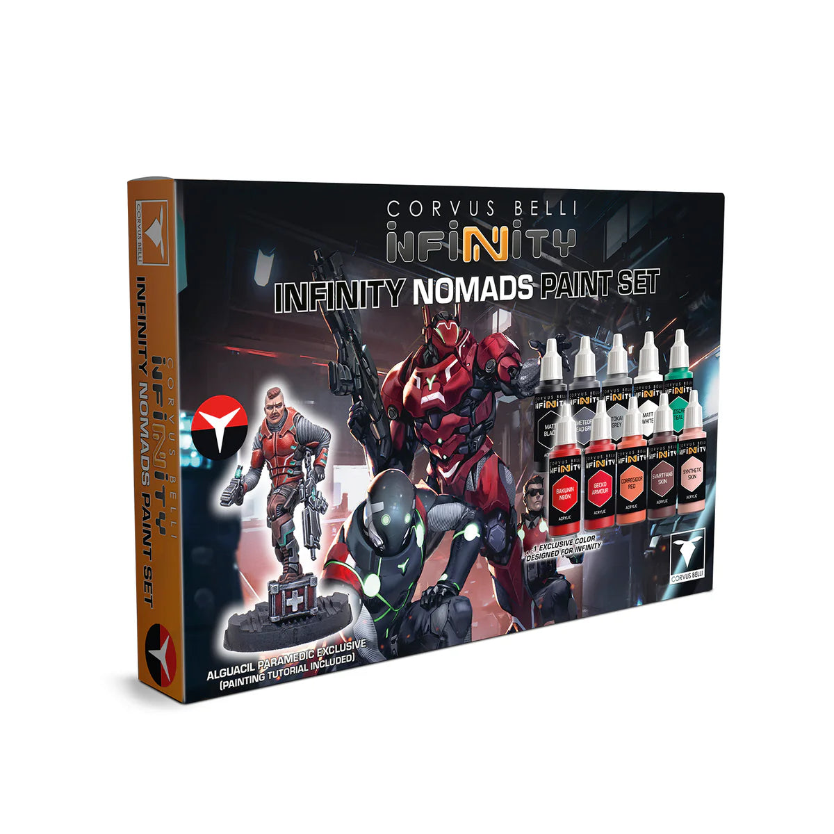 The box for the Infinity Nomads Paint Set, showing the included 10 paint bottles and the exclusive Alguacil Paramedic miniature.