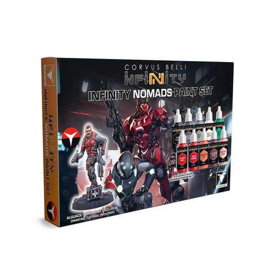 The box for the Infinity Nomads Paint Set, showing the included 10 paint bottles and the exclusive Alguacil Paramedic miniature.