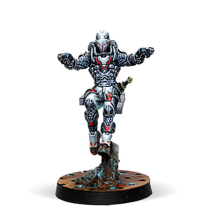 A painted Infinity miniature of Perseus, a Nomad character in sleek silver armour, wielding two heavy pistols.
