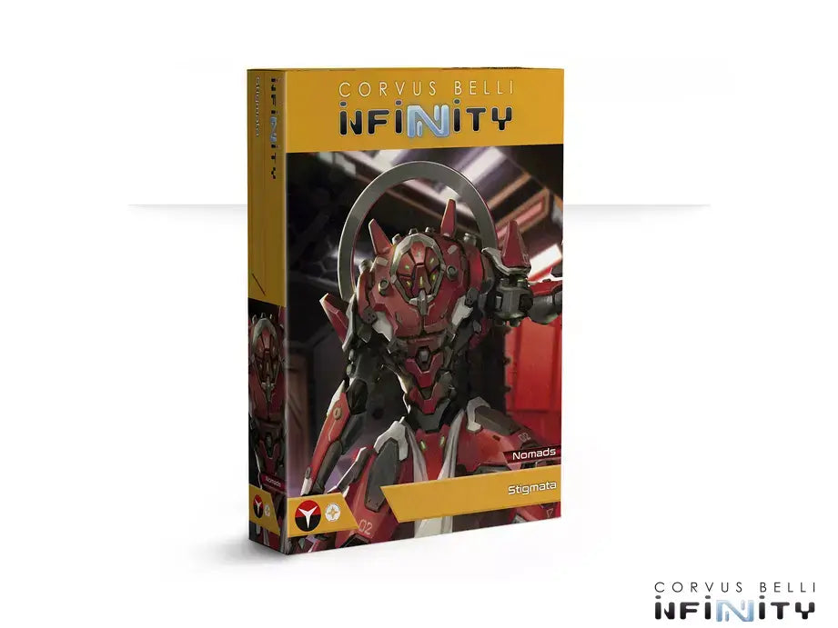 The box for the Infinity Nomads Stigmata TAG, showing the intimidating red and black TAG with a halo-like ring on its back.