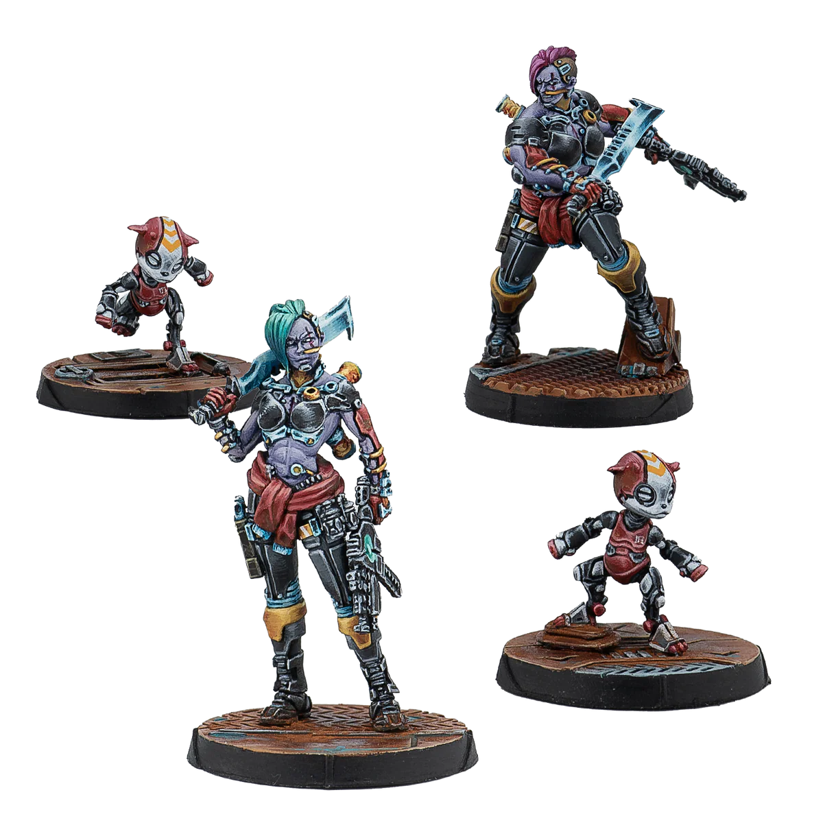 A group shot of the 4 painted metal miniatures from the Nomads Switchers Gruppa box.