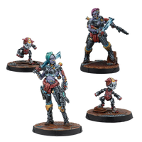 A group shot of the 4 painted metal miniatures from the Nomads Switchers Gruppa box.