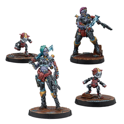 A group shot of the 4 painted metal miniatures from the Nomads Switchers Gruppa box.