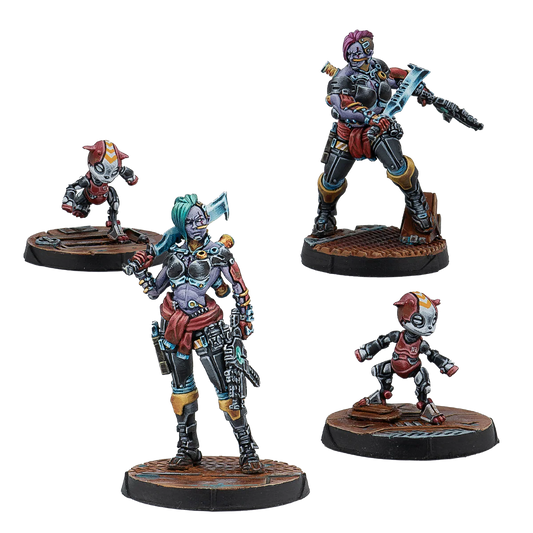 A group shot of the 4 painted metal miniatures from the Nomads Switchers Gruppa box.