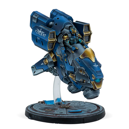 A painted Infinity miniature of an O-12 Firebat Attack Wing, a futuristic blue and gold strike aircraft.