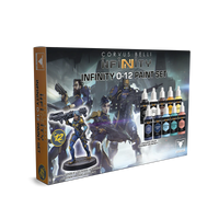 The box for the Infinity O-12 Paint Set, showing the included 10 paint bottles and the exclusive Kappa miniature.