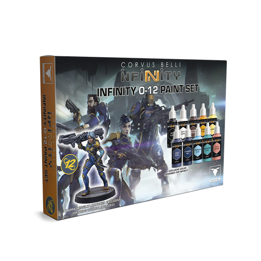 The box for the Infinity O-12 Paint Set, showing the included 10 paint bottles and the exclusive Kappa miniature.
