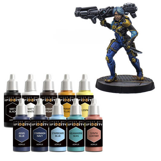 The contents of the Infinity O-12 Paint Set: 10 acrylic paint bottles and the exclusive Kappa miniature with Missile Launcher.