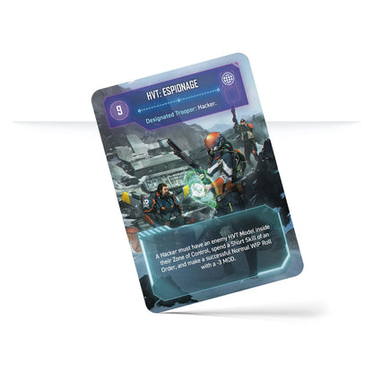 An example Classified Objective card from the Infinity Operations Deck, "HVT: Espionage", detailing the objective requirements for a Hacker unit.