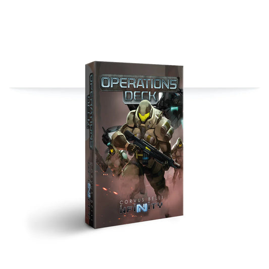 A close-up product shot of the Infinity Operations Deck box, featuring artwork of a PanOceania Nisses unit.