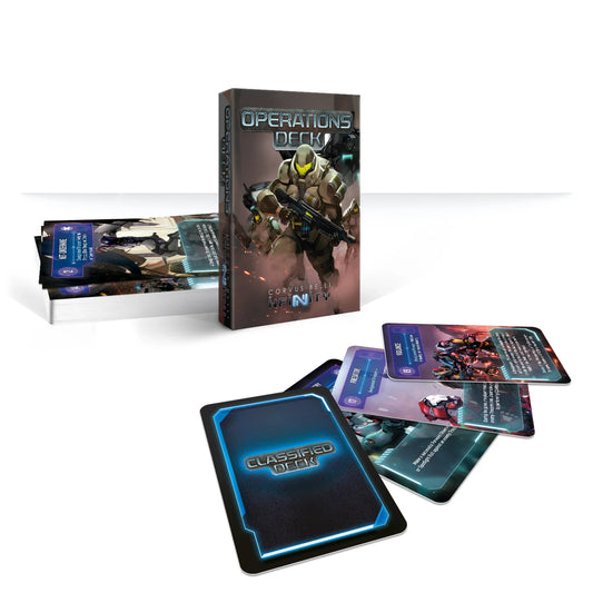 The full Infinity Operations Deck product, showing the box, Classified Deck box, and a selection of Classified, Tactical, and Battle Condition cards.