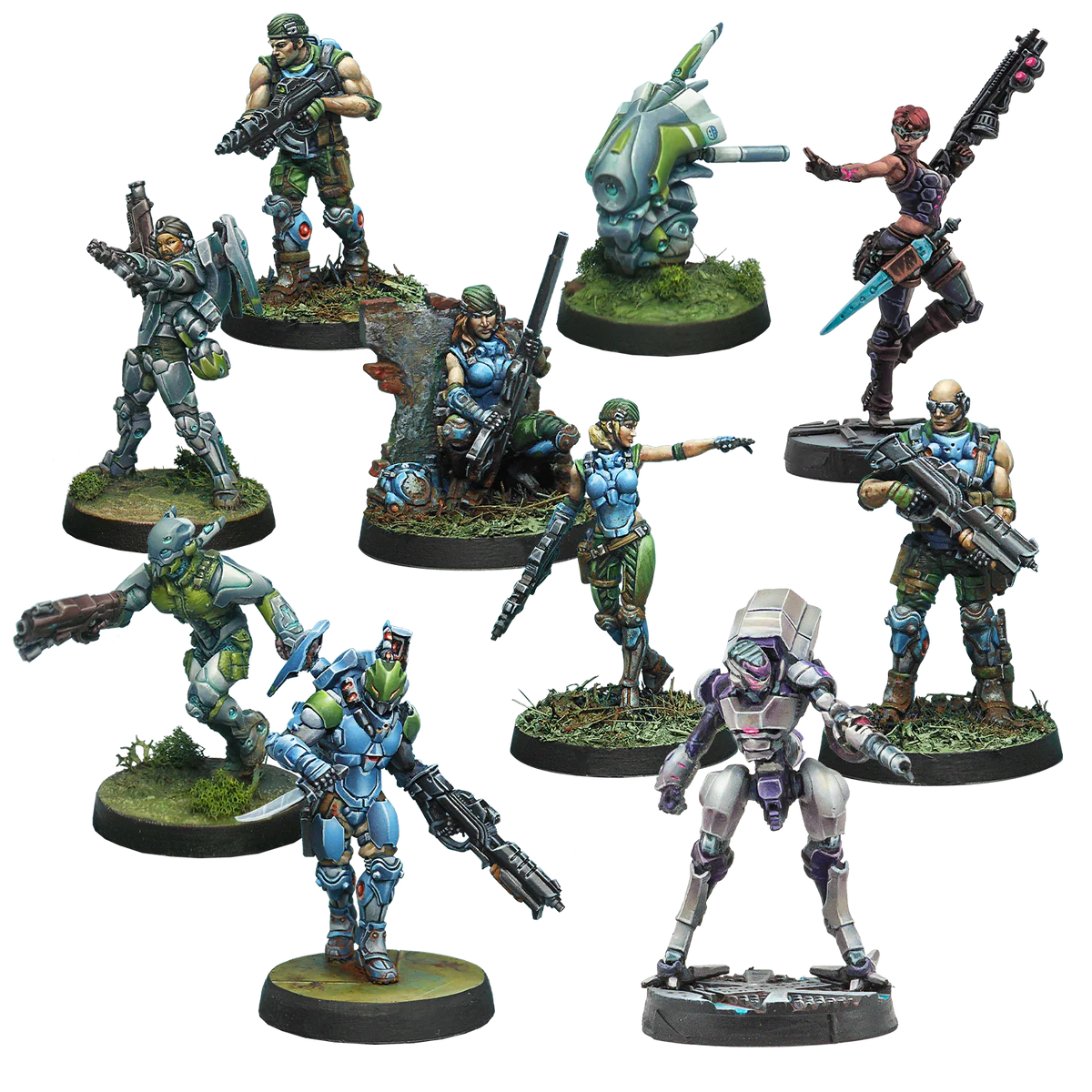 Ten painted metal miniatures from the Acontecimento Combat Force Repack Alpha featuring Acontecimento Regulars, a Guarda de Assalto, and Akal Commandos.