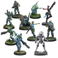 Ten painted metal miniatures from the Acontecimento Combat Force Repack Alpha featuring Acontecimento Regulars, a Guarda de Assalto, and Akal Commandos.