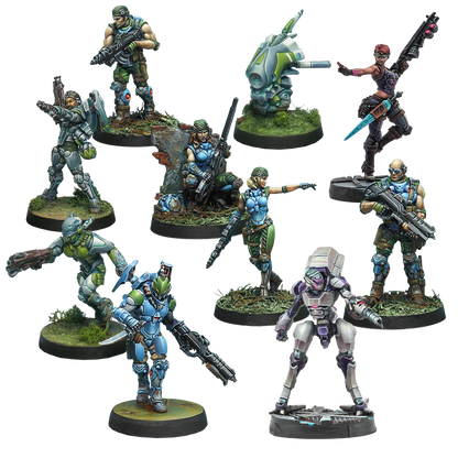 Ten painted metal miniatures from the Acontecimento Combat Force Repack Alpha featuring Acontecimento Regulars, a Guarda de Assalto, and Akal Commandos.