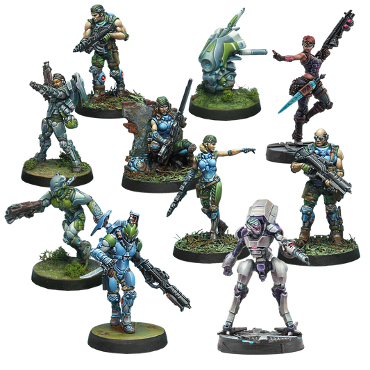 Ten painted metal miniatures from the Acontecimento Combat Force Repack Alpha featuring Acontecimento Regulars, a Guarda de Assalto, and Akal Commandos.