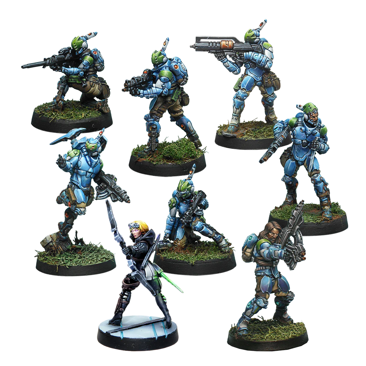 Eight painted metal miniatures from the Acontecimento Combat Force Repack Beta including Bagh Mari troopers and Akal Commandos.