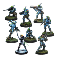 Eight painted metal miniatures from the Acontecimento Combat Force Repack Beta including Bagh Mari troopers and Akal Commandos.