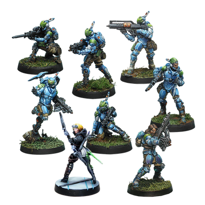 Eight painted metal miniatures from the Acontecimento Combat Force Repack Beta including Bagh Mari troopers and Akal Commandos.