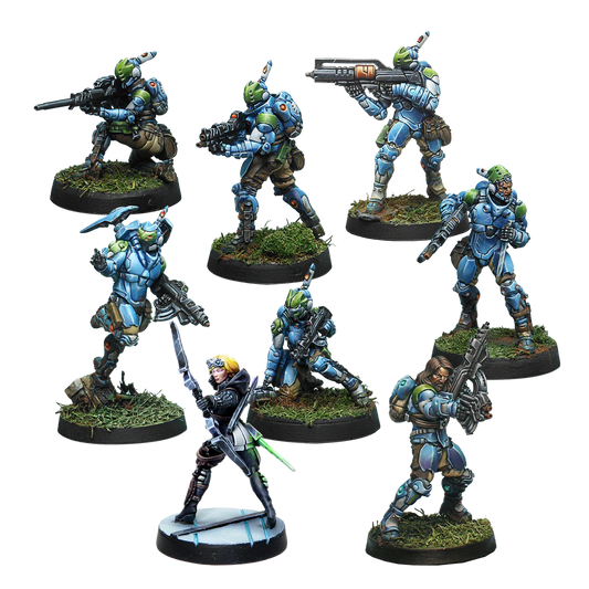 Eight painted metal miniatures from the Acontecimento Combat Force Repack Beta including Bagh Mari troopers and Akal Commandos.
