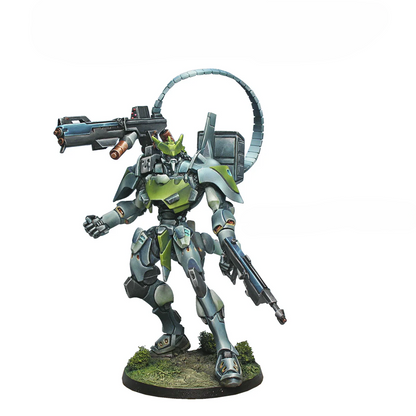 A painted metal Dragão TAG miniature for PanOceania, featuring green and grey armor and a massive shoulder-mounted HMG.