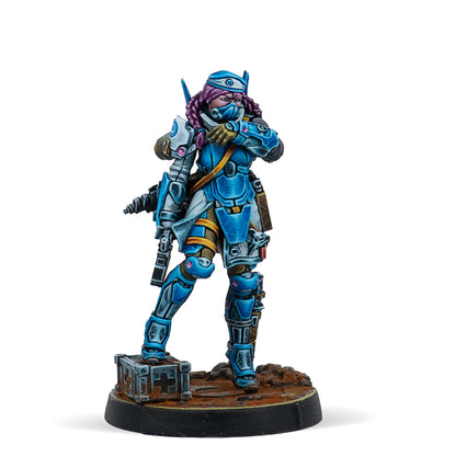 A painted Infinity miniature of Indigo Fusilier Bipandra, a PanOceania character in blue armour with a Combi Rifle.