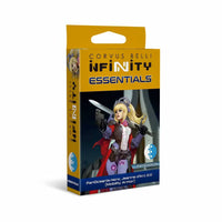 The box for the Infinity PanOceania Hero, Jeanne d'Arc 2.0, showing her in Mobility Armor holding a sword over her shoulder.