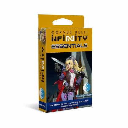 The box for the Infinity PanOceania Hero, Jeanne d'Arc 2.0, showing her in Mobility Armor holding a sword over her shoulder.