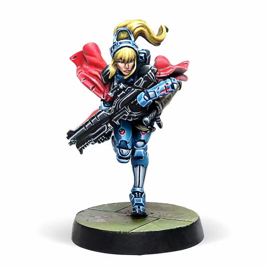 A painted Infinity miniature of Jeanne d'Arc 2.0 in blue Mobility Armor, viewed from the front, running with a large rifle.