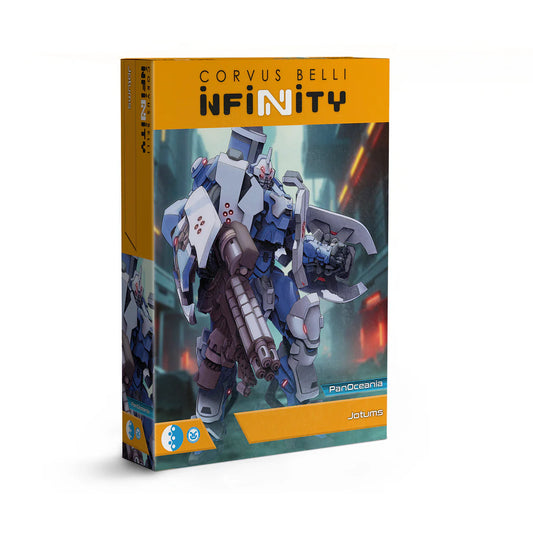 The box for the Infinity PanOceania Jotum TAG, featuring artwork of the heavy blue and white mech in a futuristic city.
