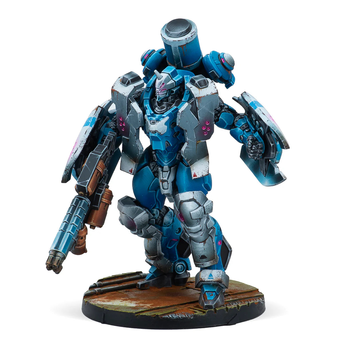 A painted Infinity miniature of the PanOceania Jotum TAG, a heavy war machine in weathered blue and white armour.