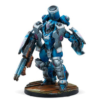 A painted Infinity miniature of the PanOceania Jotum TAG, a heavy war machine in weathered blue and white armour.