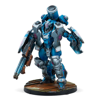 A painted Infinity miniature of the PanOceania Jotum TAG, a heavy war machine in weathered blue and white armour.