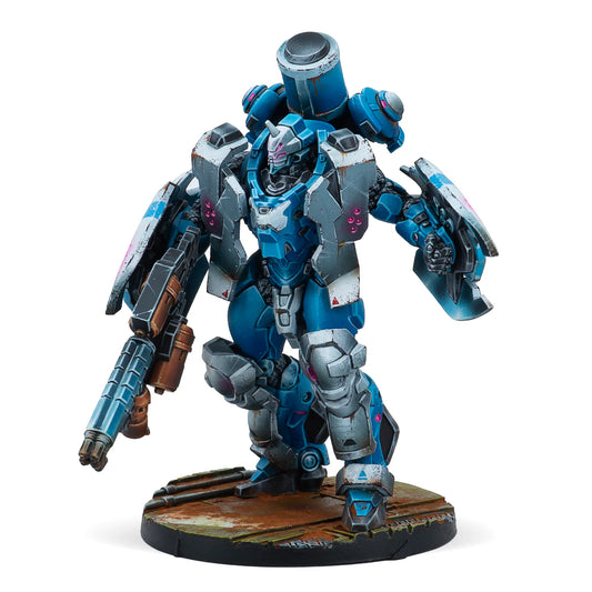 A painted Infinity miniature of the PanOceania Jotum TAG, a heavy war machine in weathered blue and white armour.