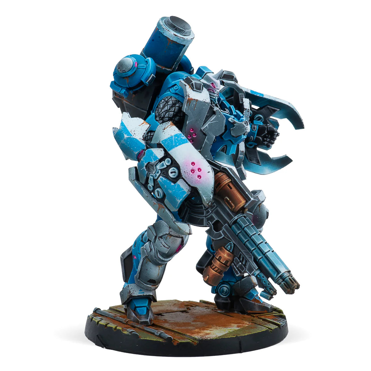 A side view of the painted Jotum TAG miniature, showcasing the detail on its MULTI HMG and massive armour plates.